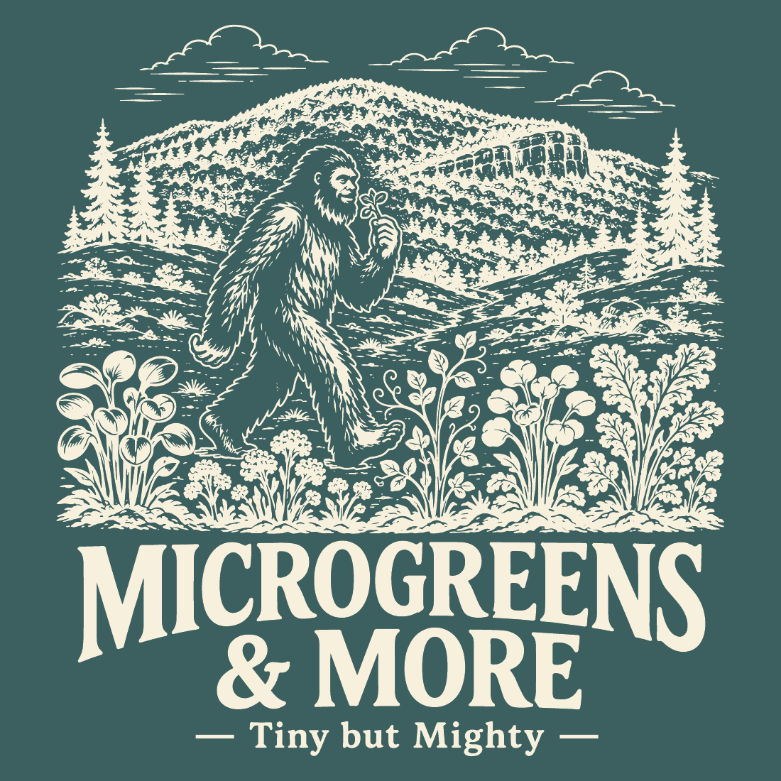 Official Microgreens and More artwork with Ozzy walking through an Ozark valley of microgreens