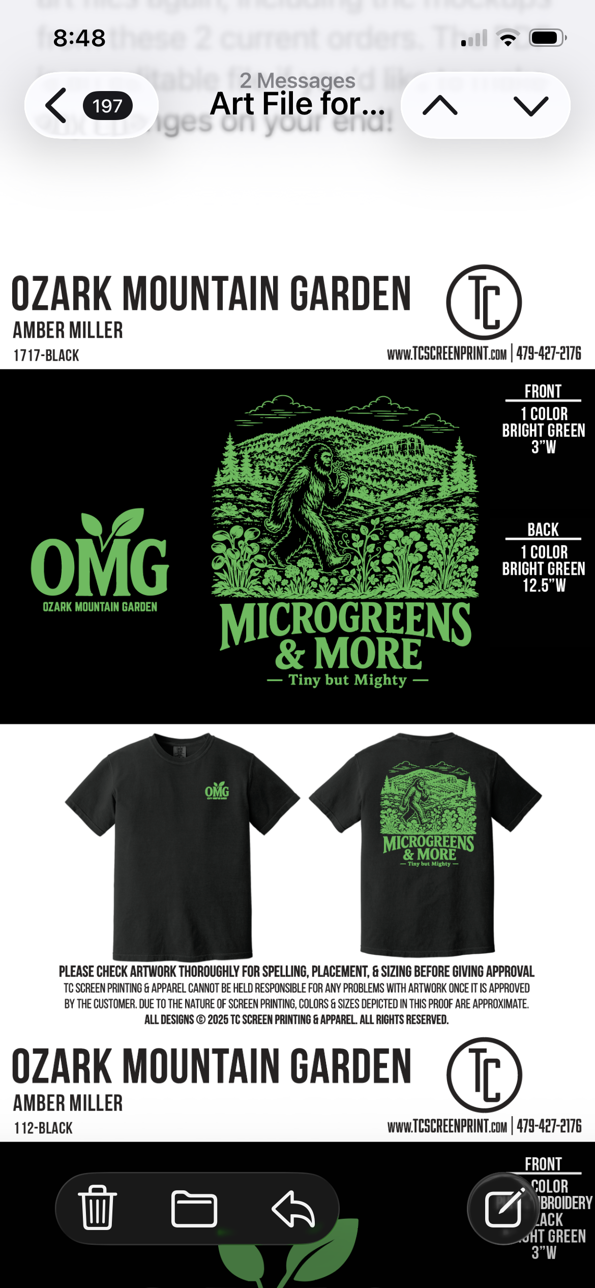 Front and back of the Black with Green OMG T-shirt, printer mockup