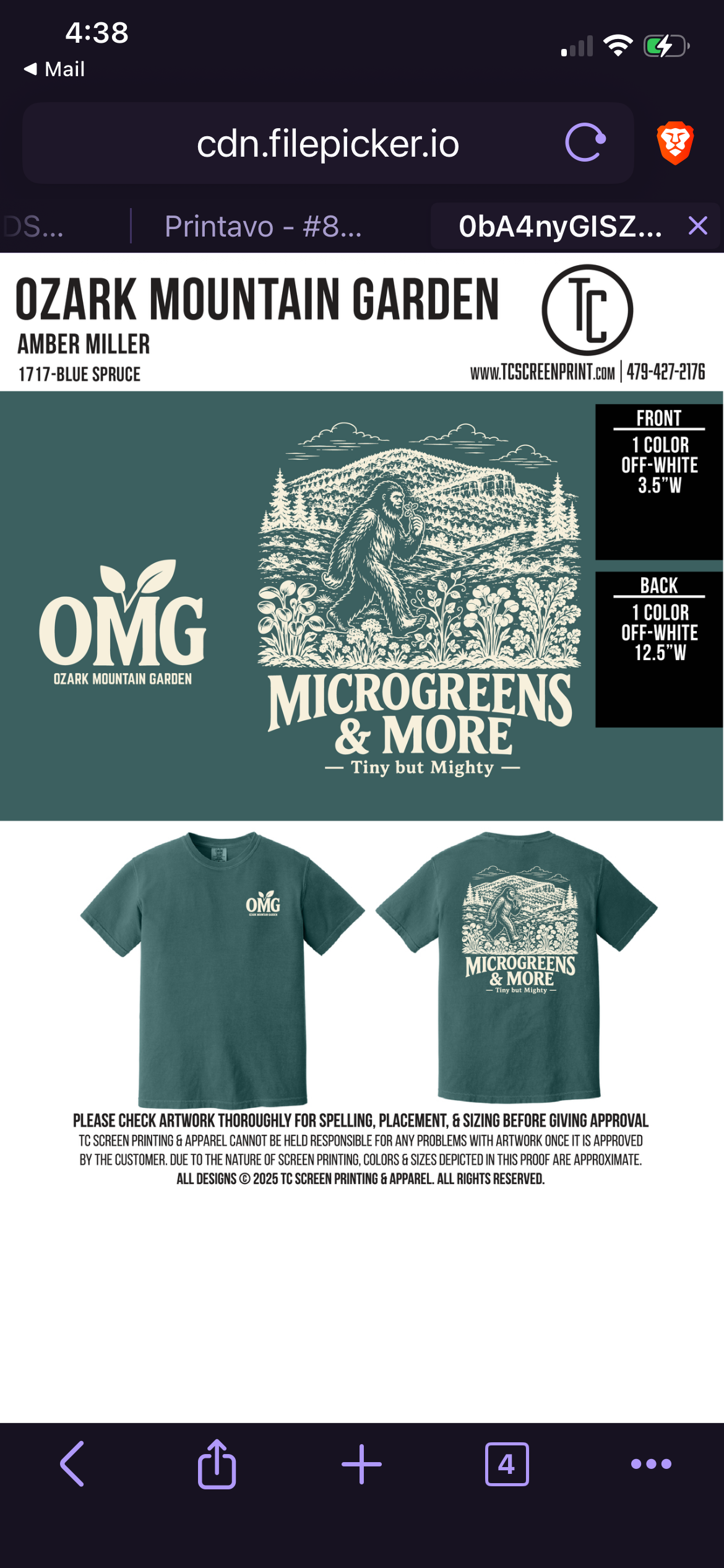 Front and back of the Blue Spruce OMG T-shirt, printer mockup