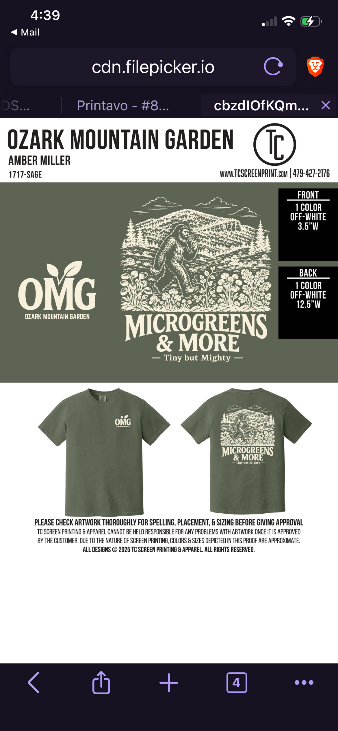 Front and back of the Sage OMG T-shirt, printer mockup